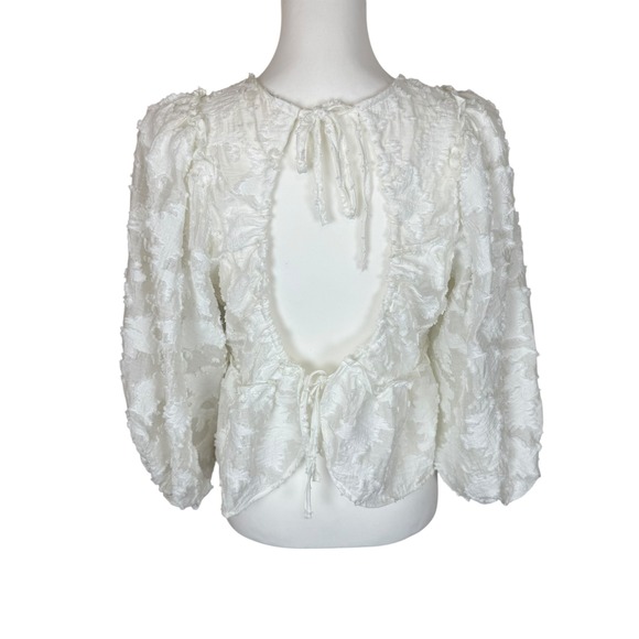 Free People Callie White Floral Applique Peplum Blouse Tie Back Puff Sleeve M - Picture 4 of 9